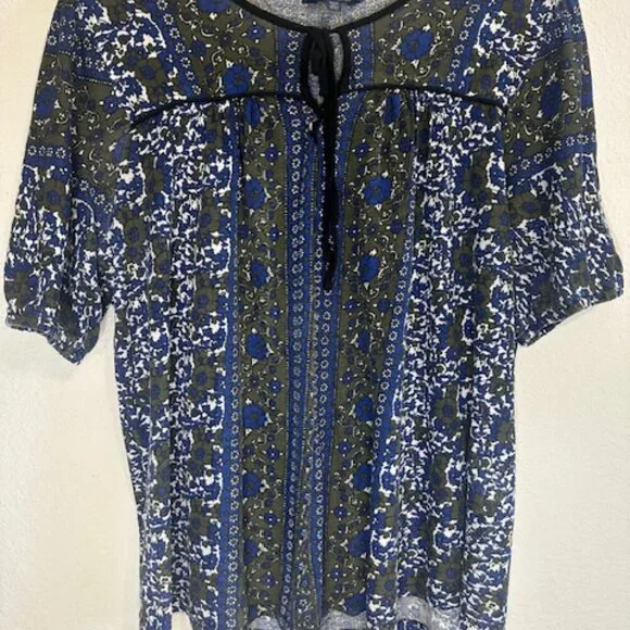 Lucky Linen Blend Peasant Top Blue‎ Green - Picture 4 of 5